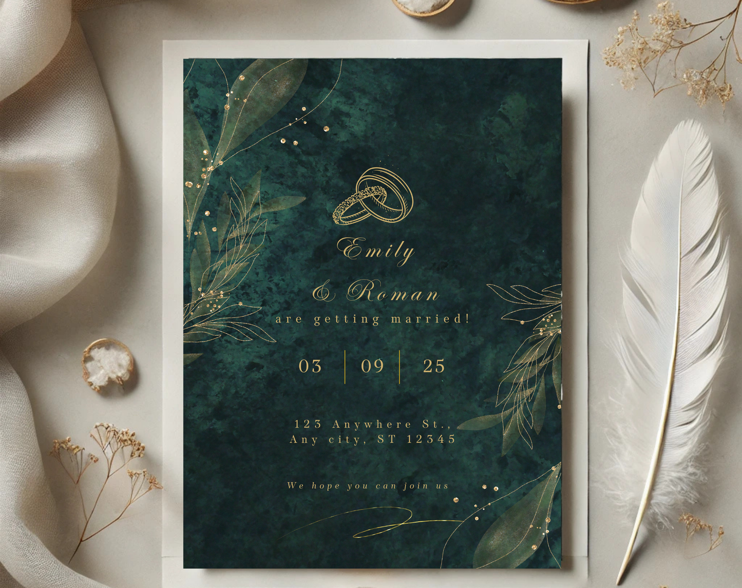 Editable Dark Green Wedding Invitation – Modern Digital Wedding Invite Template, Customizable Printable, Elegant Wedding Card for 2025