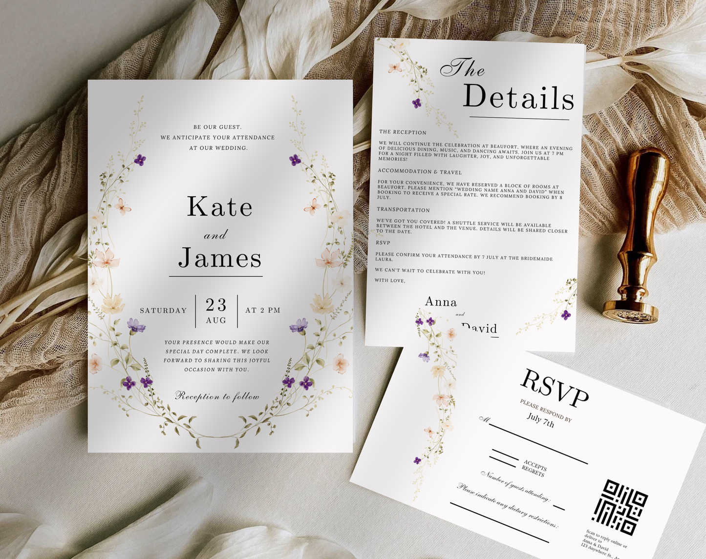 Wildflower Wedding Invitation Bundle with QR Code – Printable Boho Floral Invite Suite, Elegant Online RSVP, Details & RSVP Card Template