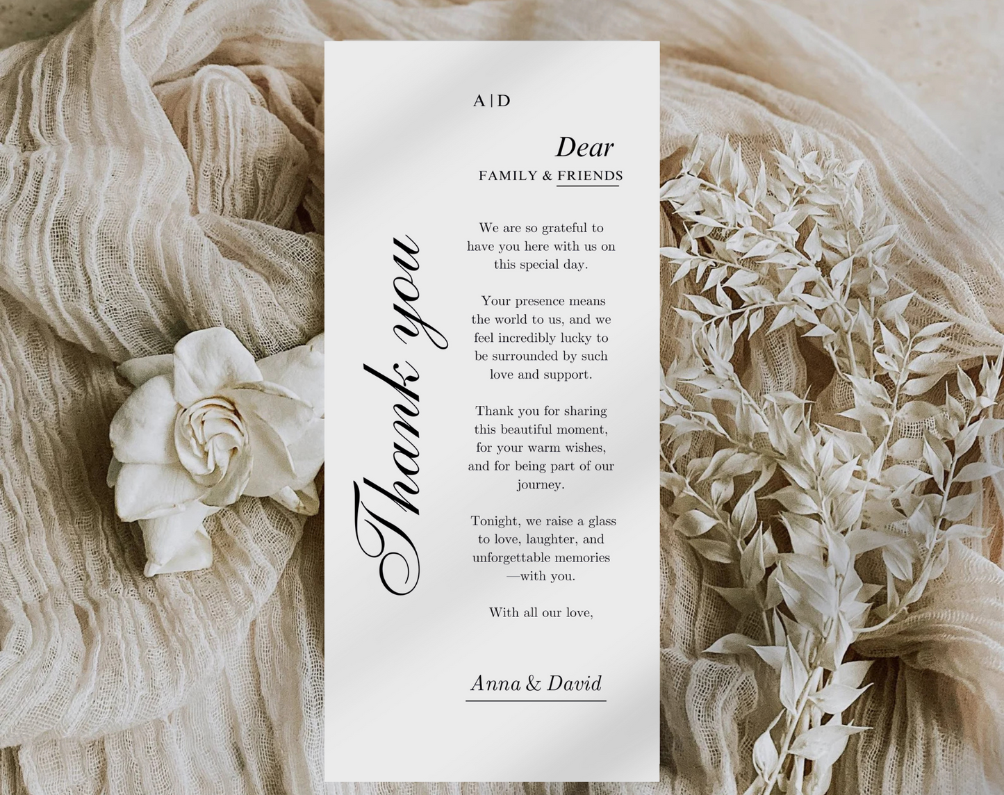 Modern Wedding Menu & Thank You Card Set – Editable in Canva, Napkin Note Style Reception Menu, Customizable Wedding Stationery – WLP-LIN 7140