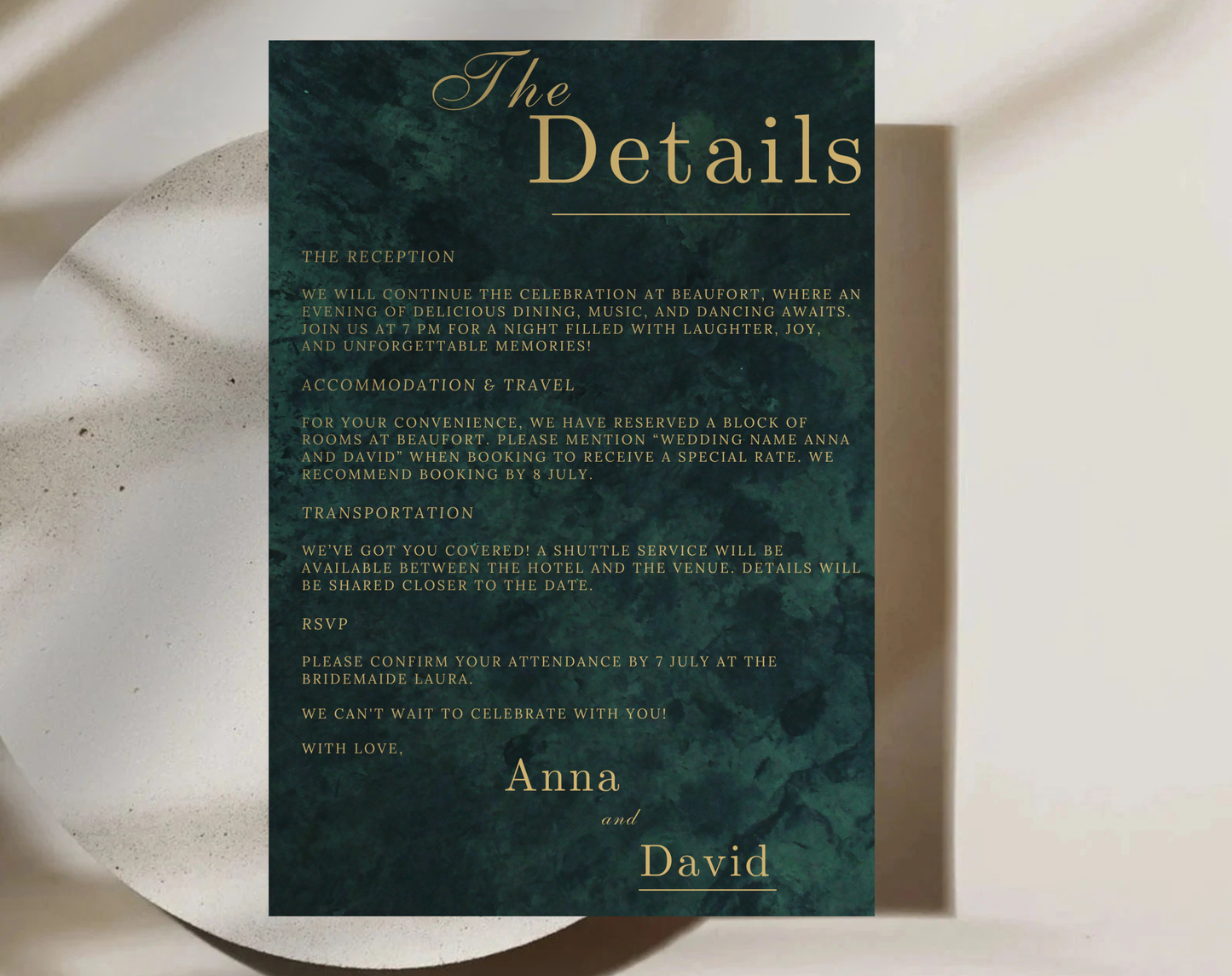 Emerald Green & Gold Wedding Invitation Suite | Printable RSVP, Details Card & Invitation – Digital Wedding Stationery Set