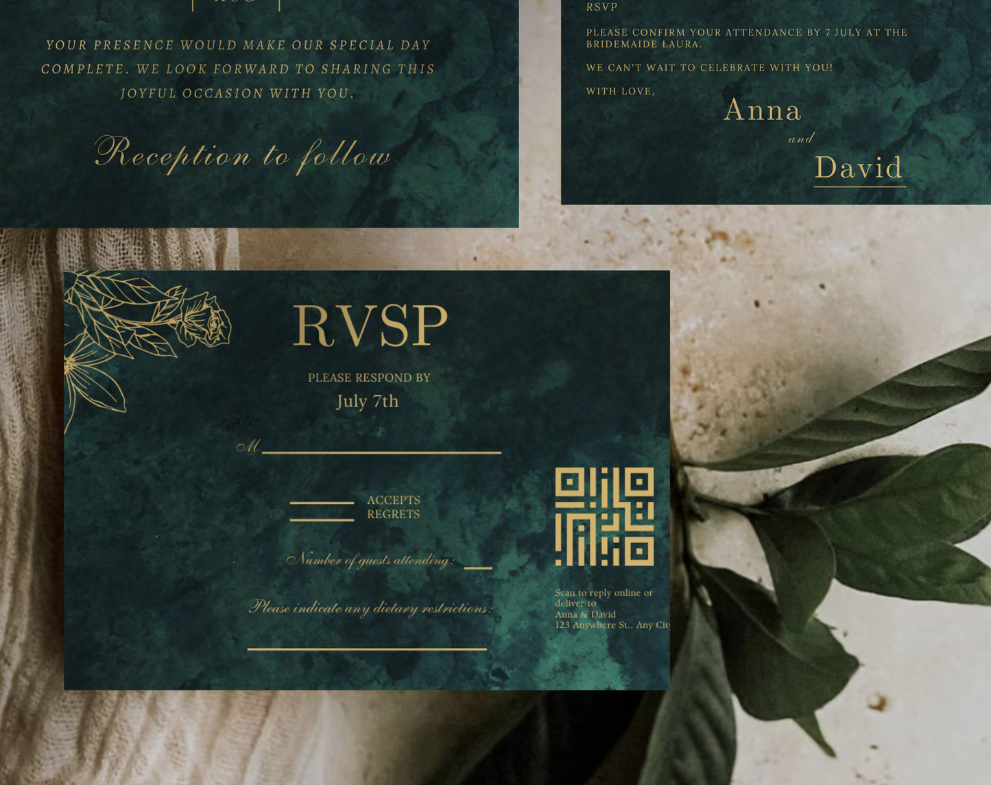 Emerald Green & Gold Wedding Invitation Suite | Printable RSVP, Details Card & Invitation – Digital Wedding Stationery Set