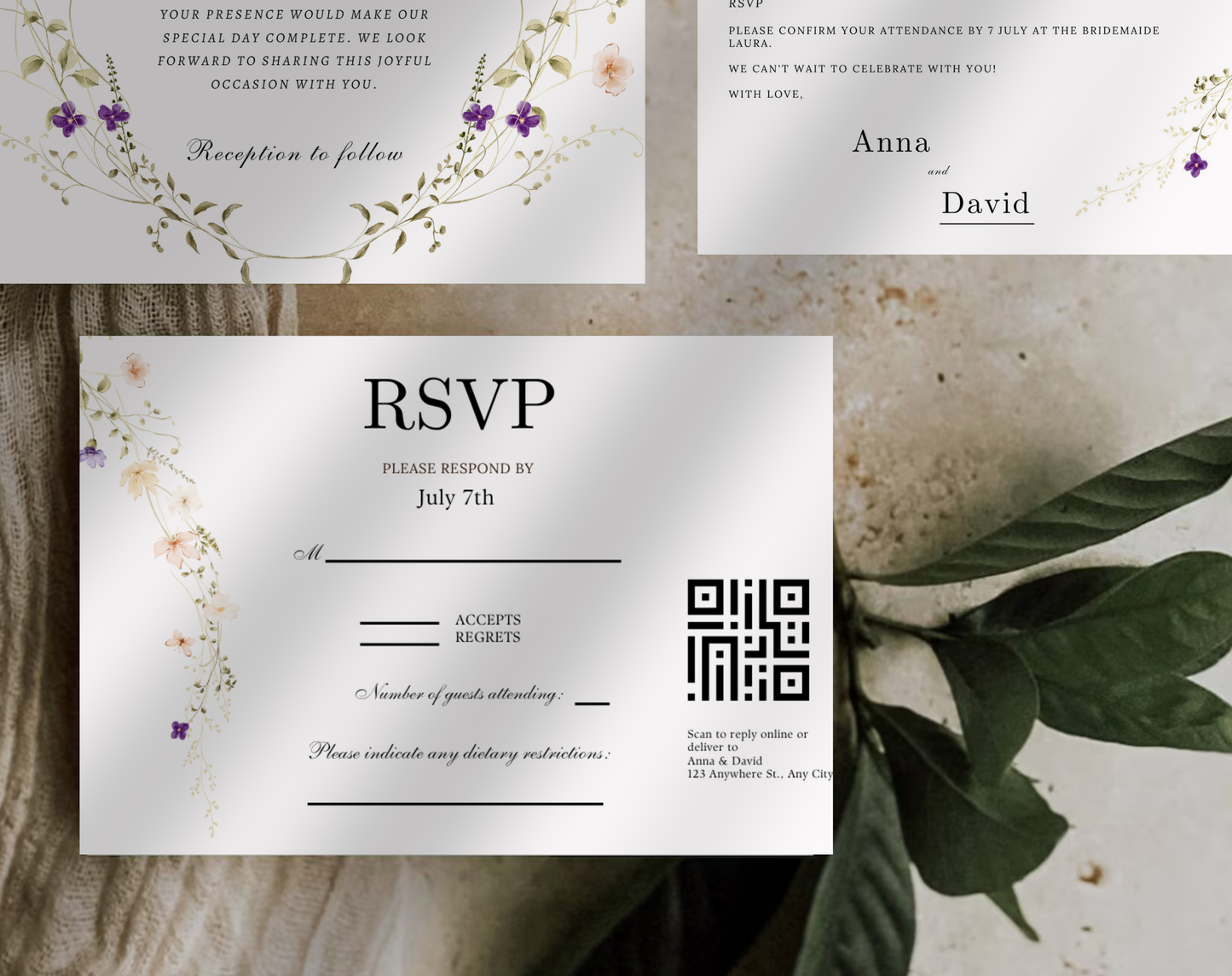 Wildflower Wedding Invitation Bundle with QR Code – Printable Boho Floral Invite Suite, Elegant Online RSVP, Details & RSVP Card Template