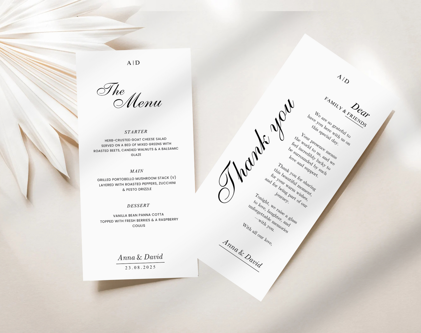 Modern Wedding Menu & Thank You Card Set – Editable in Canva, Napkin Note Style Reception Menu, Customizable Wedding Stationery – WLP-LIN 7140