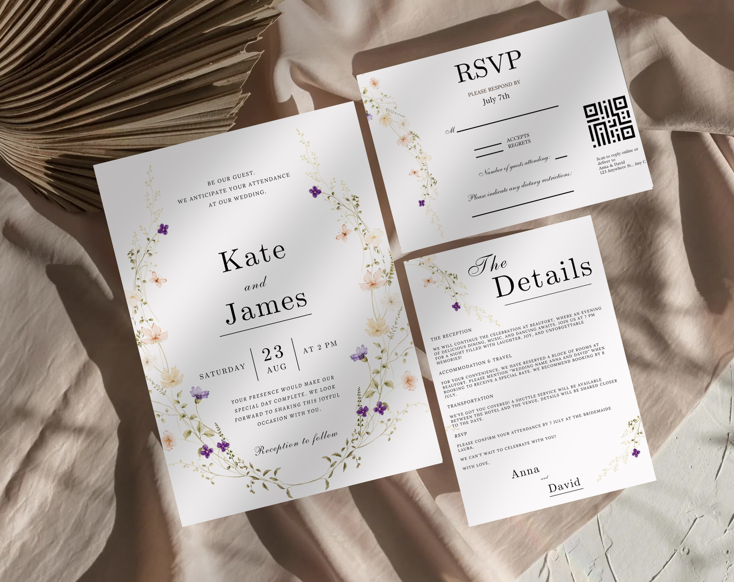 Wildflower Wedding Invitation Bundle with QR Code – Printable Boho Floral Invite Suite, Elegant Online RSVP, Details & RSVP Card Template