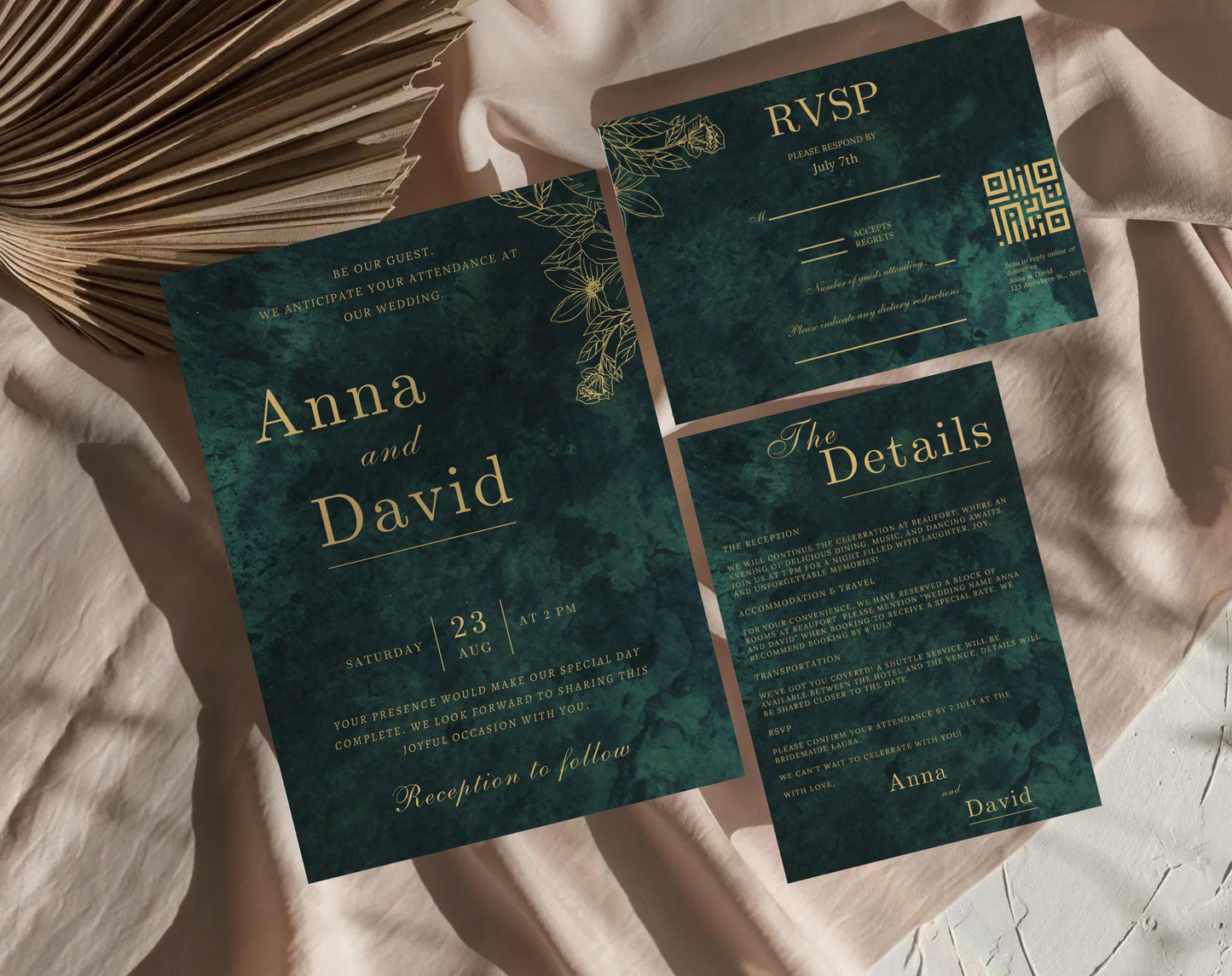 Emerald Green & Gold Wedding Invitation Suite | Printable RSVP, Details Card & Invitation – Digital Wedding Stationery Set