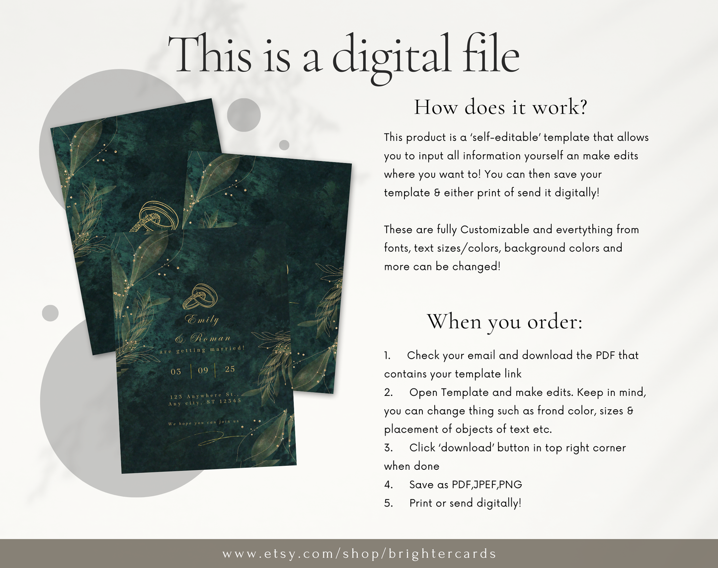 Editable Dark Green Wedding Invitation – Modern Digital Wedding Invite Template, Customizable Printable, Elegant Wedding Card for 2025