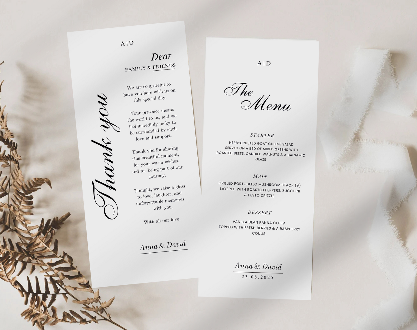 Modern Wedding Menu & Thank You Card Set – Editable in Canva, Napkin Note Style Reception Menu, Customizable Wedding Stationery – WLP-LIN 7140
