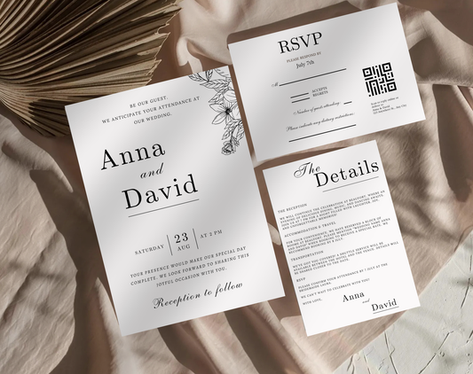 Minimalist Wedding Invitation Bundle with QR Code – Modern Printable Invite Suite, Elegant Online RSVP, Details & RSVP Card Template