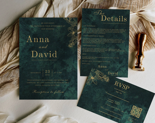Emerald Green & Gold Wedding Invitation Set – Printable Wedding Invite, RSVP & Details Card | Digital Download for Modern Weddings