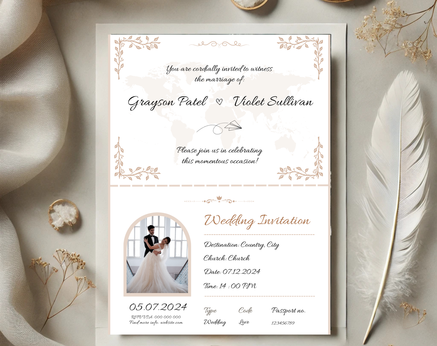 Digital Boarding Pass Wedding Invitation – Editable Travel-Themed Ticket for Destination Weddings