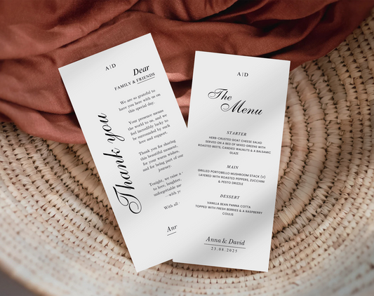 Modern Wedding Menu & Thank You Card Set – Editable in Canva, Napkin Note Style Reception Menu, Customizable Wedding Stationery – WLP-LIN 7140