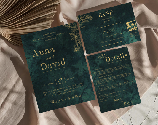 Emerald Green & Gold Wedding Invitation Suite | Printable RSVP, Details Card & Invitation – Digital Wedding Stationery Set